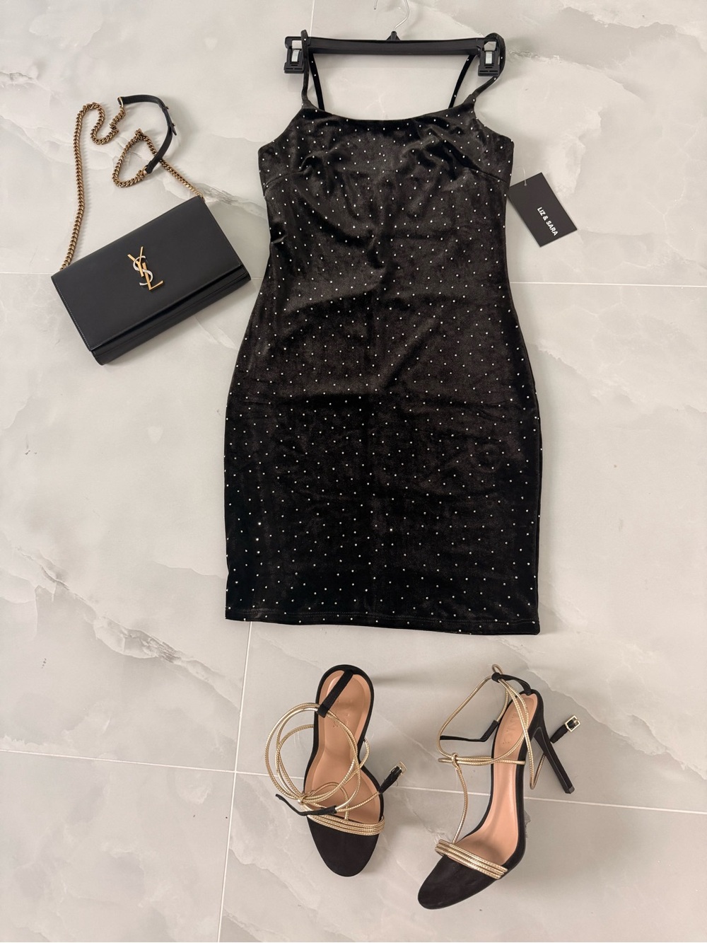 Black Embellished Slip Dress with Spaghetti Straps